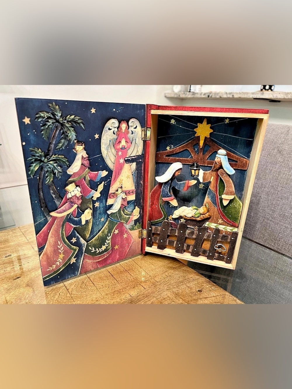 RARE Nativity Silent Night vintage multi-layered wooden mechanical shadow book b